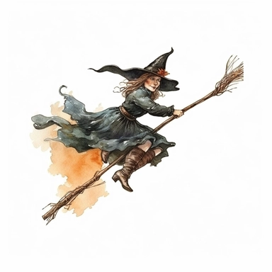 watercolor style, Witch on the broomstick: A long, slender broomstick associated with witches and their transportation. clipart, isolated on white background, 4K