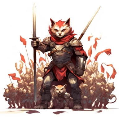Create an epic clipart scene showcasing a heroic cat-knight wielding a legendary sword, leading an army of feline warriors against a horde of fearsome wolf-like demons, symbolizing the valor and determination of the feline champions. In HD on a white background.