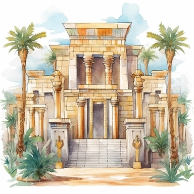Watercolor Fantasy Ancient Egypt Temple Clipart, white background