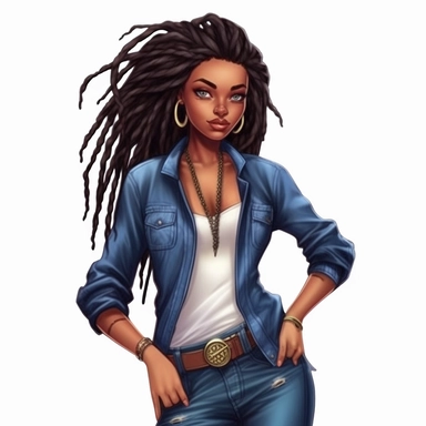 Maya, with her rich ebony skin and a crown of majestic dreadlocks, radiated strength and confidence. Her dark skin seemed to capture the essence of the night sky, exuding a natural beauty that was undeniably captivating, hand drawn, ultra realistic, Denim girl clipart, Denim clipart, Fashion girl clipart, wearing denim shorts, brown leather sandals, Jeans Girl Clipart, African American clipart, Afro girls clipart, Clipart, ultra realistic, hand drawn, wearing the white crop tops, all with beauti