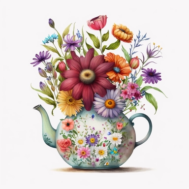 vibrant colours, white background, no text, An animated watercolor clipart showcasing, A whimsical teapot-shaped vase filled with a mix of whimsical flowers like daisies, cosmos, and zinnias, adding a touch of playfulness.
