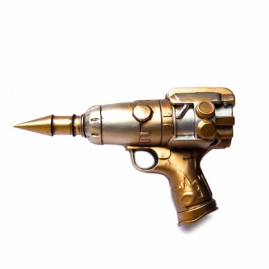 i don't know what to say about the cliparts of the rocket fuel gun, in the style of light bronze and gold, surrealistic distortion, neogeo, toy-like proportions, dslr, handheld, aase berg, white background