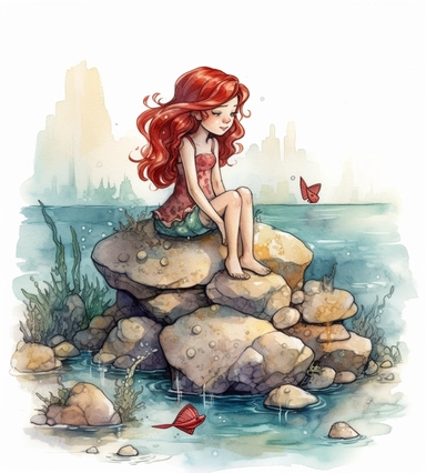 realistic burnished watercolored pencil cute little mermaid scene clipart, red hair, sea horse, rocks, sea, detailed, style of disney, on white background, spaced out