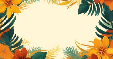 illustration of summer tropical background clipart tropical frame illustration, in the style of light yellow and dark orange, geometry-inspired, yanjun cheng, free-flowing lines, yellow and emerald, large canvas format, liquid emulsion printing