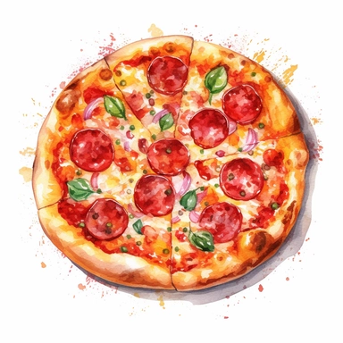 Pizza Diavola: Tomato sauce, mozzarella, spicy salami, and chili flakes, watercolor clipart illustration, flat blank transparent background, food photography, soft cinematic lights, juicy, bright, high quality, ultra detailed, 32k
