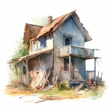 watercolour small broken and abandoned house, clipart on white background, no watermark, highly detailed, professional color gradation, clean sharpness
