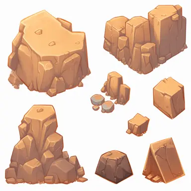 simple desert boulders, video game assets, isometric, top down, isolated figures, hand drawn, level art, low contrast, no borders, soft lightning, smooth edges, atmospheric effects, spatial concept art, muralist, clipart, ps1 graphics, deconstructed objects, 2d, plain background