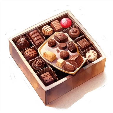 one chocolate box clipart on a white background, in the style of watercolor illustrations, tilt-shift lenses, detailed sketching, vibrant color choices, elaborate borders, isometric, assemblage pieces, no watermark, text, 300 DPI , typography, shapes do not stick together, no text in the picture, on a white background