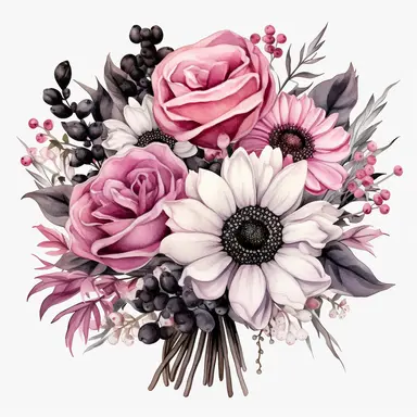 watercolor pink and black birthday flower bouquet drawing, illustration clipart, high detailed, white background, digital art