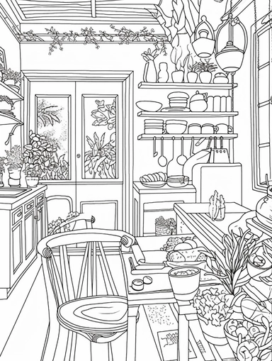 An Adult Coloring Book Featuring Fun and Relaxing Interior Home Designs with Beautifully Furnished Rooms and Welcoming Outdoor Spaces, coloring page line art, black and white clipart for coloring page, simple and clean line art, illustration style,