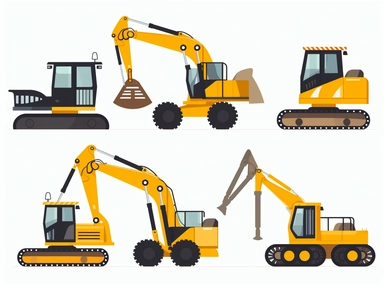 flat construction clip art for kids , escavator, backhoe digger, bulldozer, caterpillar, white background,