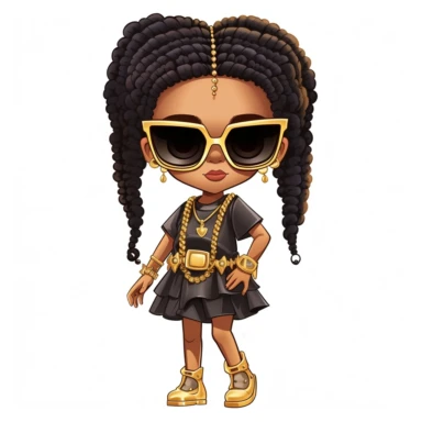 African- American girl, wearing gucci dresses, LV shoe, wearing gold knuckles, gold rings, gold watche, sunglasses, Long and Curly, clipart, Short Locs + High Fade, in white background, as a Inspired Chibi and Kawaii Style