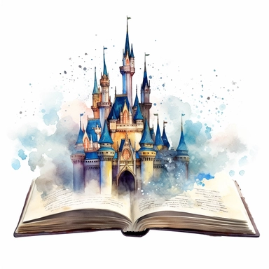 an open book with a magical disney style castle scene, watercolor clipart on white background