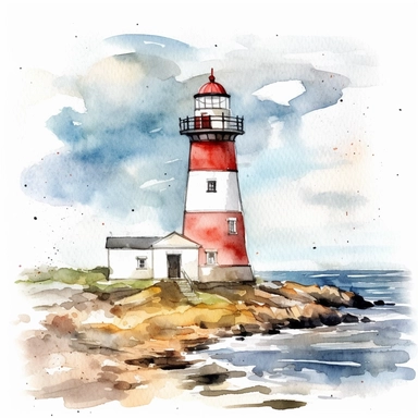 lighthouse watercolor clipart on the coast, white background