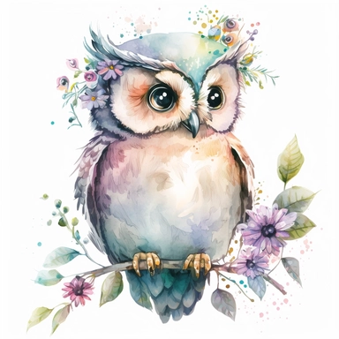 watercolor cute cartoon fantasy owl defined edges Floral Clipart pastel color white background