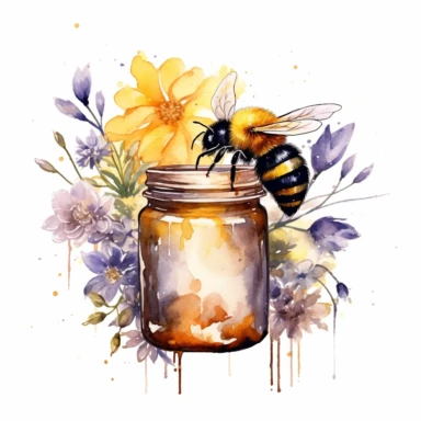 Light watercolor honey bee eating from beauty jar with honey, flowers realistic clipart on white backround