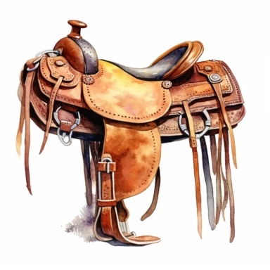 Western saddle without horse, watercolor, clipart, illustration, white background, digital painting, paper crafting, no signature, no text