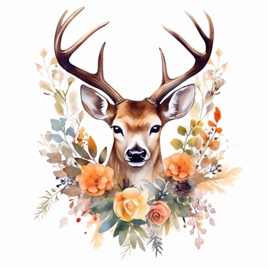 Cute Beautiful Deer Buck Floral Watercolor Sublimation Clipart, Cartoon,hyper realistic, intricate detail, illustration style,high solution,on the white background