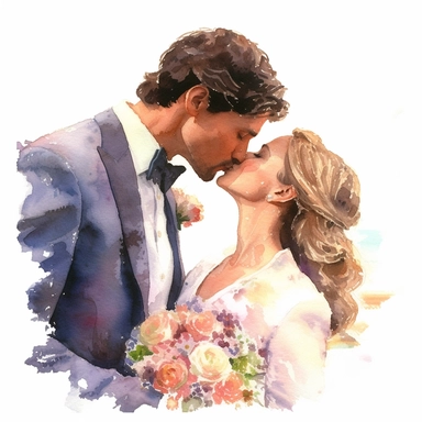 A close-up portrait capturing the magical moment of the newlywed couple's first kiss. The bride, radiating joy and beauty in her elegant white gown, and the groom, looking dashing in his stylish suit, share a tender and passionate kiss. The intricate details and vibrant colors bring this hyper-realistic scene to life. Watercolor clipart, white background, intricate details, HYPER-realistic