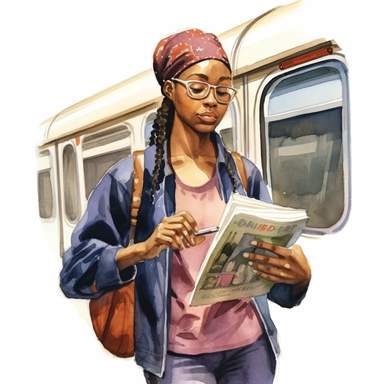 watercolor clip art image of a black teenage girl wearing hip-hop clothes holding a magical book, on the subway