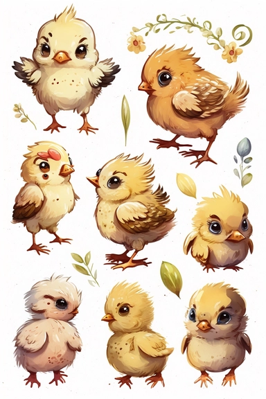 a whimsical Baby Chick cartoon clipart collection on white background with margins, watercolor, sprite sheet, 2d, icon, sticker art