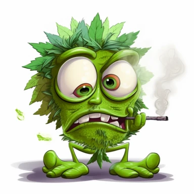 Clipart Stoned cartoon marijuana Leaf Character wit hred eyes and a rolled smoke in one hand