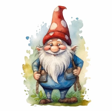 Create a whimsical clipart of a stout and rosy-cheeked gnome standing upright, with a mischievous smile on its face. The gnome’s round nose and curly beard should be prominent features that are endearing to the viewer. The watercolor texture should be evident, giving the clipart a touch of playfulness and artistic quality. The background should have a plain, high contrasted color to draw full attention to the gnome. Make the drawing realistic, so that it looks as though it could come to life, in