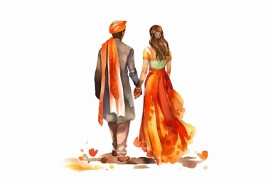 hindu groom and bride in love watercolor clipart illustration back view on a white background