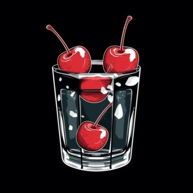 one shot glass with only 4 cherries inside and ice cubes, illustration, logo, simple design, shirt logo, stencil, clip art