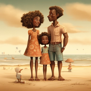 Happy Black Girl and her mom and dad Smiling at the beach ib sag harbor art,black girlsclipart, Funny black girl , Cheerful african american girl child png, clipart, afro ,Full body with legs , Cottage core , preppy , Highly detailed close-up portrait , standing , Nicoletta Ceccoli, Mark Ryden, lostfish, Earl Nor, global lighting, divine rays, detailed and intricate surroundings, sf, intricate artwork masterpiece, ominous, matte painting movie poster, blue ratio, trending on cgsociety, intricate