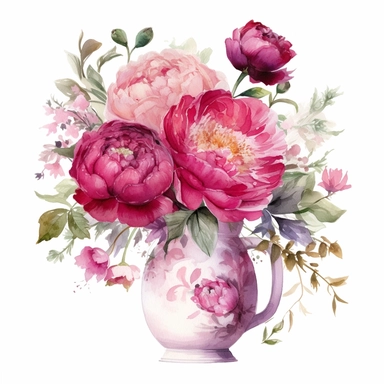 elegant watercolor small arrangement of 1 bright and dark pink General MacMahon peony with carnations, roses, ranunculus and astrantia on a small jug clipart, hd, on white background