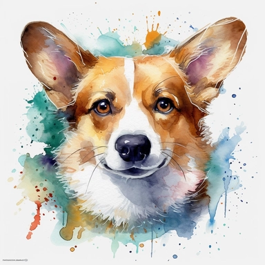 cute Pembroke Welsh Corgi dog portrait, full face, centered shot, side shot, dynamically posed, in action, playful mood, happy mood, playing mood, cute face, adorable smile, childlike eyes, clean watercolor illustration, white background, nursery baby imagery, painting, detailed, 8k, PNG, clipart,