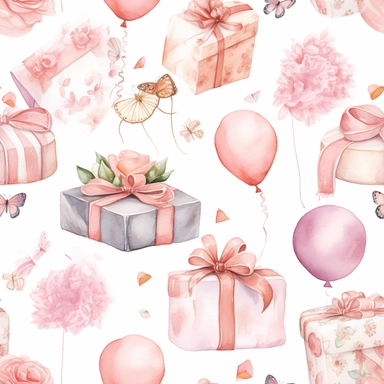 A cute collection on white with margins of birthday icon gifts, balloons, piece of cake, hearts, flowers, presents, watercolor, vector, clipart, elaborate, ultra - detailed, soft rose gold and pink high definition, UHD