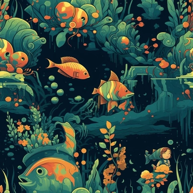 A captivating pattern for a children's t-shirt design featuring a lively underwater scene. Playful fishes in various shapes and patterns dart through a forest of swaying aquatic plants, while an adventurous diver explores the hidden wonders beneath the waves. The design, created as an enchanting clipart illustration, combines vibrant colors and intricate details, bringing the magic of the underwater world to life on children's t-shirts, igniting their imagination and fostering a connection with 