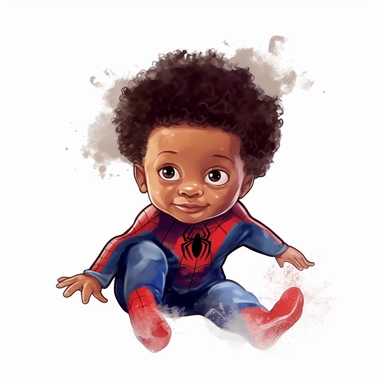 A biracial little newborn baby boy superhero as marvels spiderman, sitting down, tiny cute little baby, curly afro hair, , red and blue colors, watercolor art, clipart