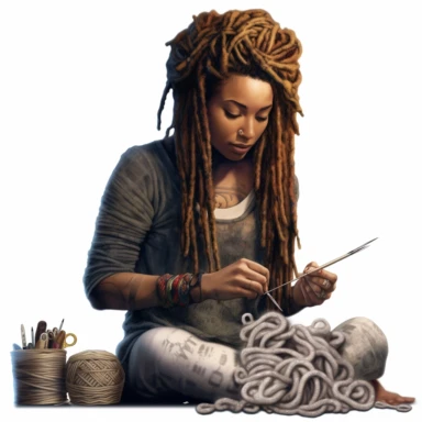 african american woman with midlength dreadlocks and tattoos with yarn surrounding her, holding a crochet hook working on a project hyperrealistic photorealistic clipart logo