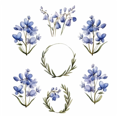 beautiful Watercolour Bluebell Flowers Clipart, bluebell flowers a circle, white background