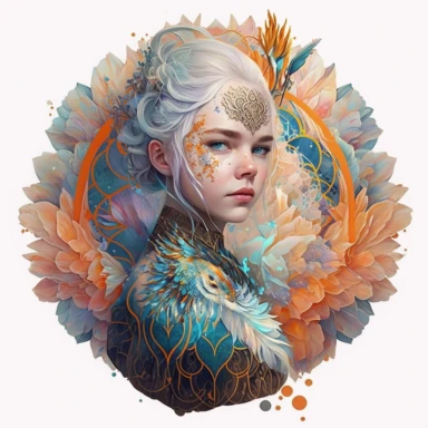 watercolor hyper realistic beautiful young girl with snowy white hair, symbolizing the rebirth of a phoenix rising from the ashes, while the woman's pose and appearance evoke a sense of renewal and new beginnings. The girl is dressed in playful and imaginative Egyptian Pharaoh - inspired couture fashion. Bold and colorful patterns featuring Celestial Filigree, Geode Crystalline, Asymmetrical Splice, Bio - Luminescent Bloom, Origamic Tessellation, and other hieroglyph - inspired designs. clipart 