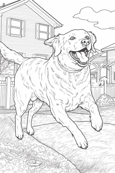 vintage line drawing style coloring page with no background of a happy beautiful dog catching a frisbee in the backyard, line art, no shading, thick strong lines, adult coloring page clipart