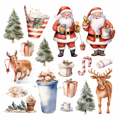 Water Color Santa Claus Christmas tree Gift-giving Reindeer Candy canes Stockings Snowflakes Gingerbread cookies Mistletoe Christmas lights Wreaths Snowman Christmas ornaments Yule log Christmas stockings Clipart