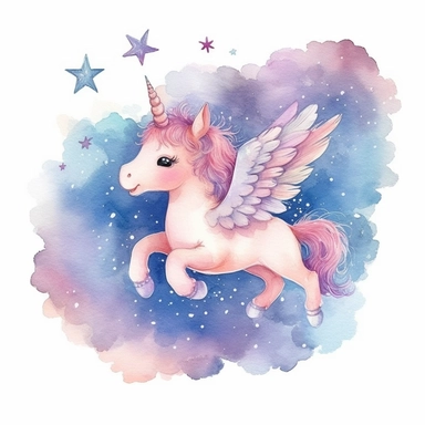 watercolor, clipart, cute baby unicorn, flying with wing, night background, full-moon, full of stars, pastel tone