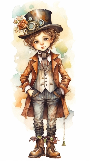 watercolor steampunk boy entire body illustration clipart by holly hobbie and mary engelbreit