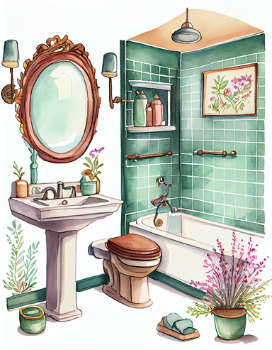 detailed watercolor bathroom, realistic, isolated on white background, clipart