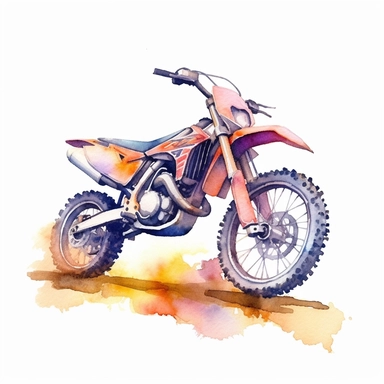 watercolor clipart dirt motorbike, cartoon clipart, bright colors, defined edges, isolated on white background