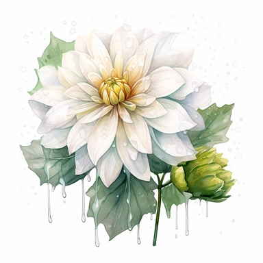 Watercolor snow clean white dahlia clipart on a white background in the style of feminine sticker art, Tanya Shatseva, storybook illustration, pure and pristine shades, Georgia O'Keeffe, flower and nature motifs, colored line art, colored outlines, cottagecore design, watercolor on white background, ombre, warm tones, colored line art, colored outlines, iridescent ombre, gradient shading, winter snow tone, vibrant digital art oil paint photorealism, an illustration of a colored flower, meticulou