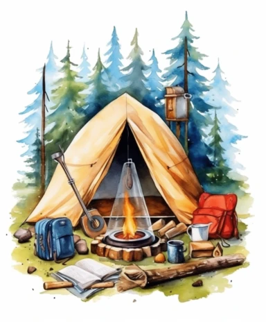watercolor about camping activities, flat color, element, clipart, digital art, one by one isolated on white background, no noise, 300 DPI,