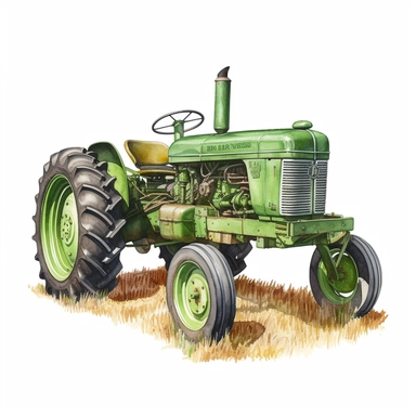 close up side view realistic watercolor drawing of a vintage green tractor on a corn farm, on a white background where the background will be removed to repurpose as a clipart.