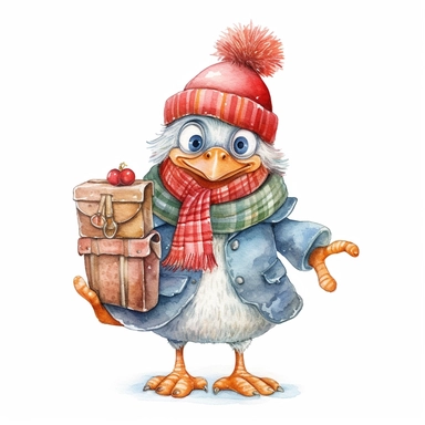 Watercolor, cute Christmas turkey, with a red hat, coat and sack of gifts, PNG, winter, nursery, cartoon, highly detailed, watercolor, very high details, white background, clipart style