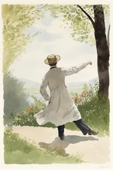clipart, watercolor, rear view of a young man dancing happily, Artist by Grandma Moses