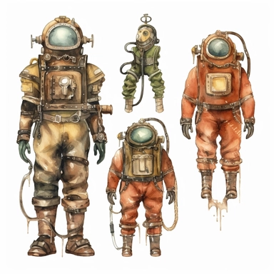 watercolor antique diving suit, illustrations clipart set, simple, , cartoon elements ,different variants , brass elements, , separate elements with a margin, ,4k, high resolution